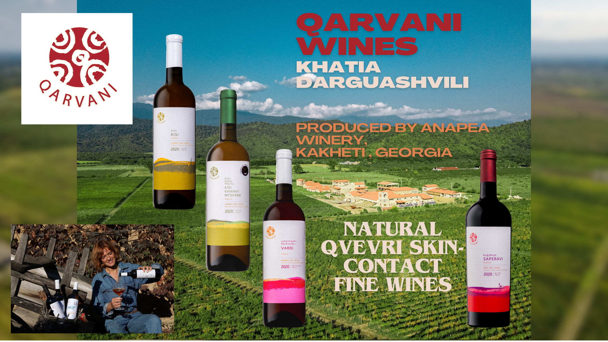 A panaramic view of iconic Anapea Village with the greater caucasus in the background and bottles if the best natural wines of Georgia