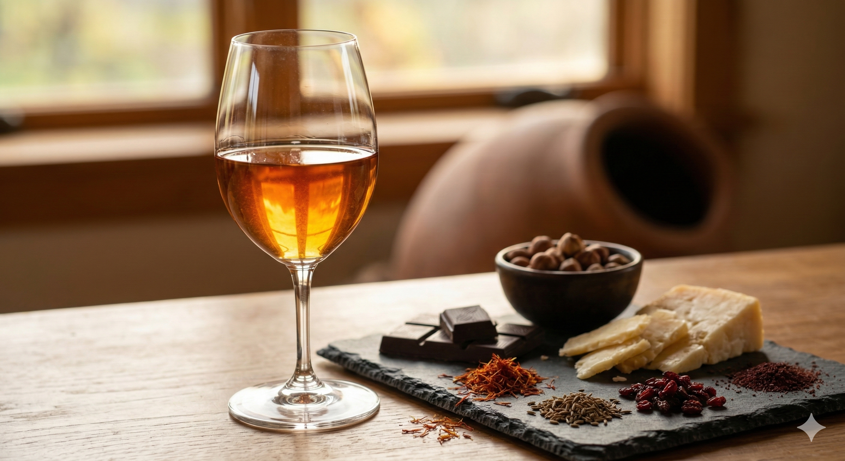 A glass of amber wine with medium color intensity flanked by cheese and chocolate that go extremely well with amber wine.