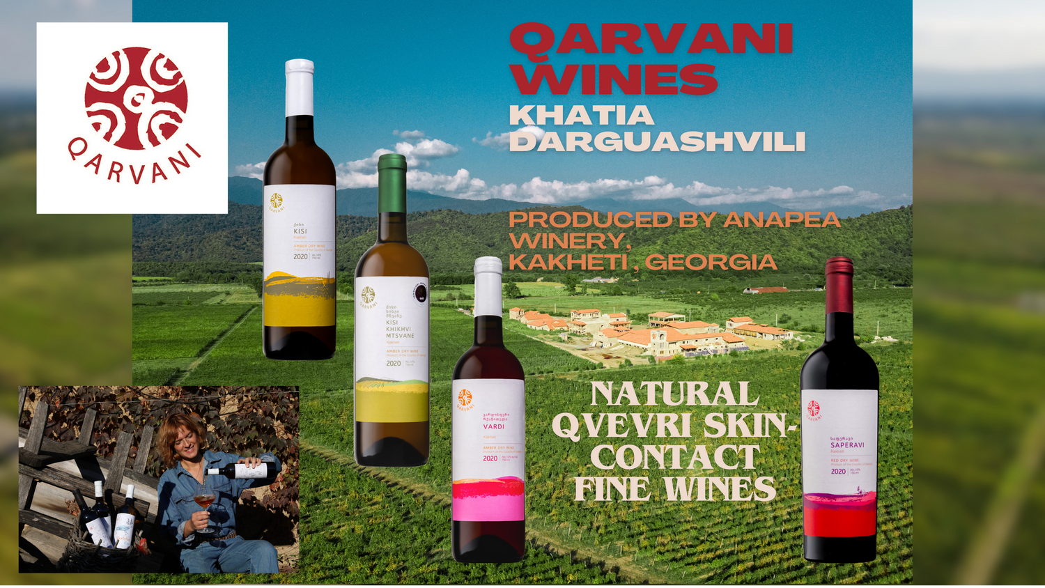 A panaramic view of iconic Anapea Village with the greater caucasus in the background and bottles if the best natural wines of Georgia