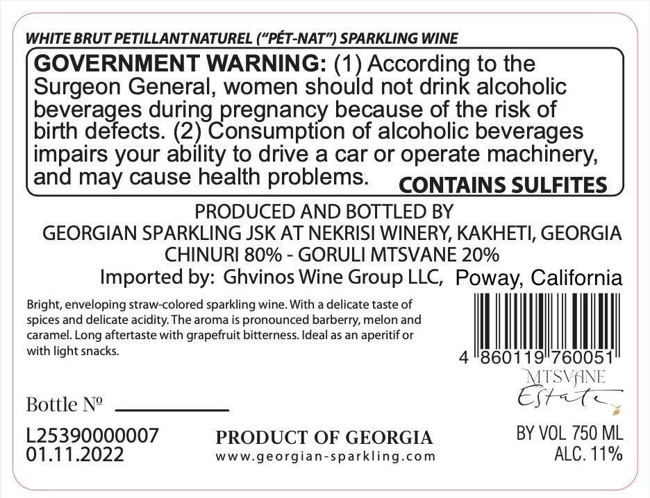 Mtsvane Estate Georgian Sparkling - Pet-Nat Chinuri Goruli Mtsvane 2023