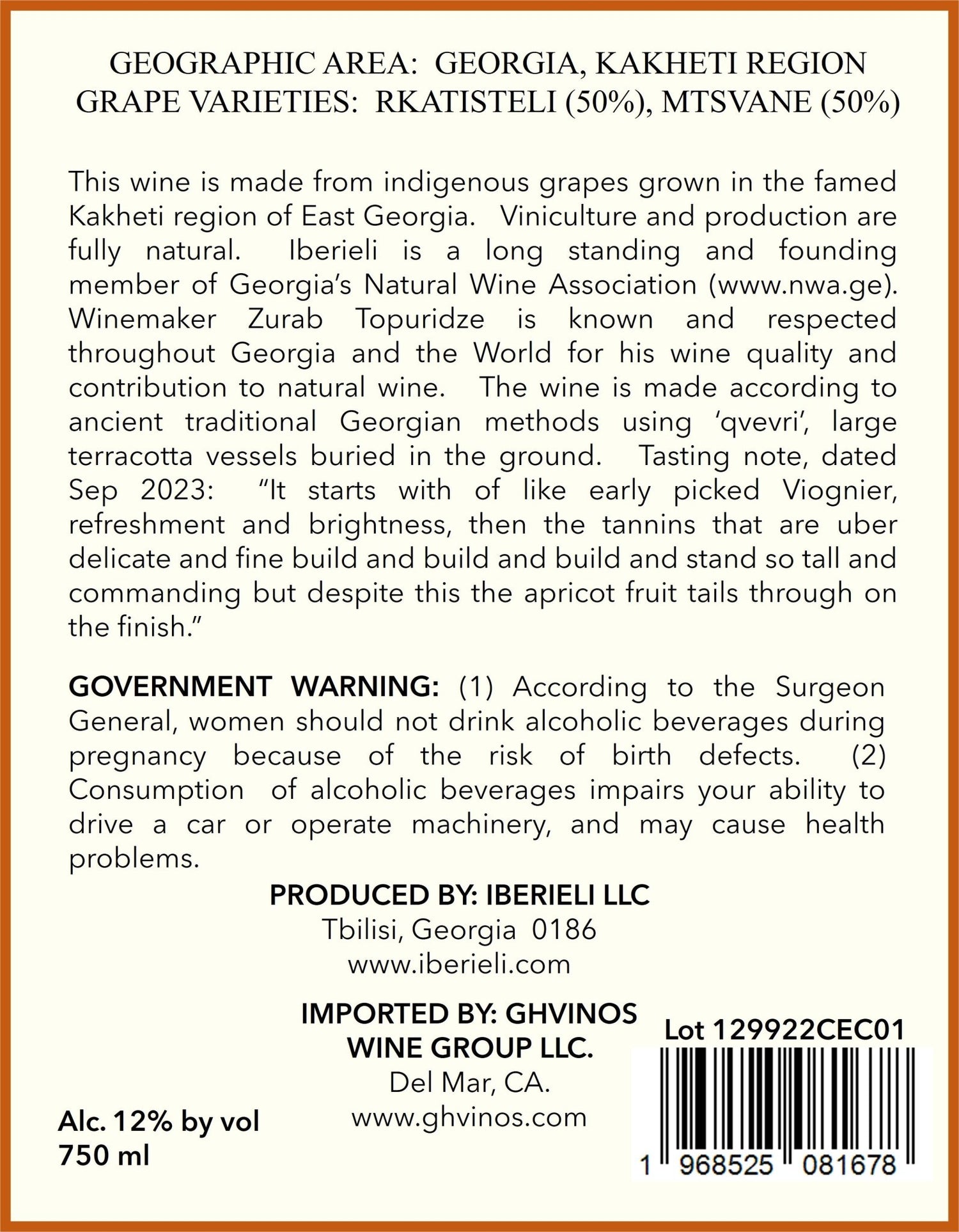 Iberieli Cecilia 2022 (Rkatsiteli, Mtsvane) Qvevri Dry Amber (Orange) Wine - Ghvinos Wines