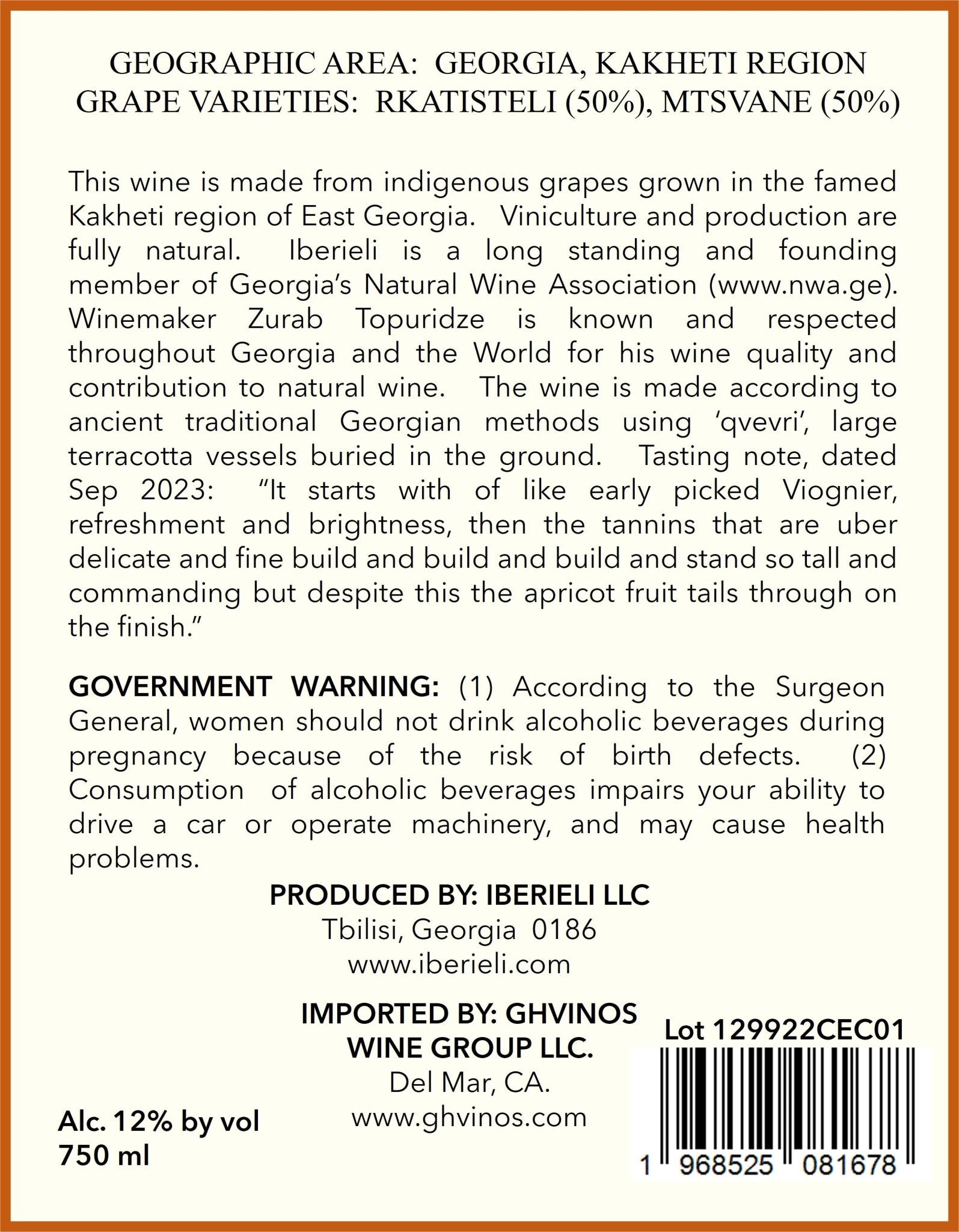 Iberieli Cecilia 2022 (Rkatsiteli, Mtsvane) Qvevri Dry Amber (Orange) Wine - Ghvinos Wines